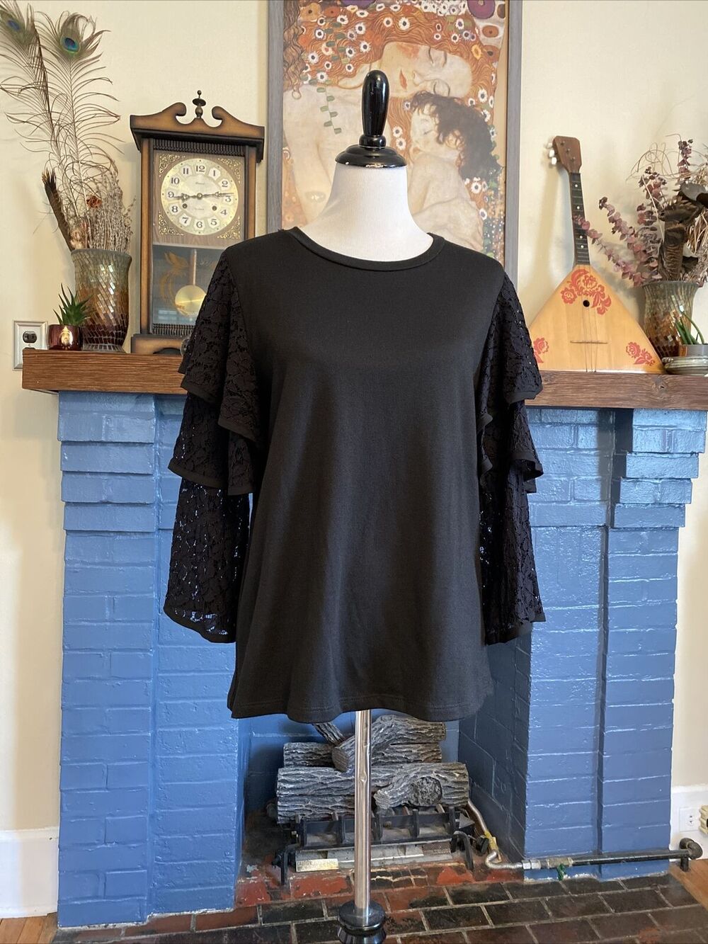 Pleione S Anthropologie Black Lace Ruffle Bell Sleeves Top Blouse Shirt Career S